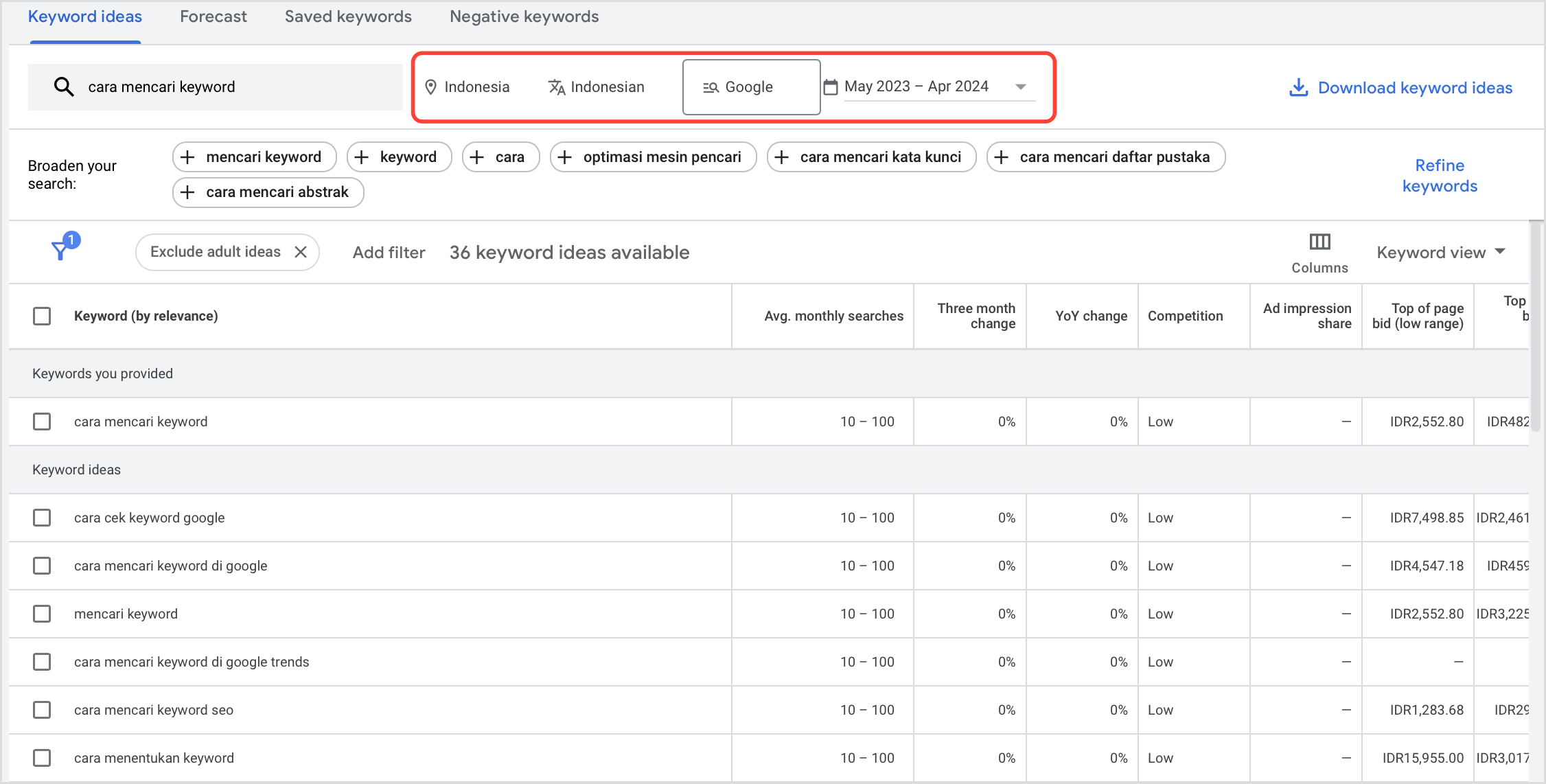 Filter pada Google Keyword Planner